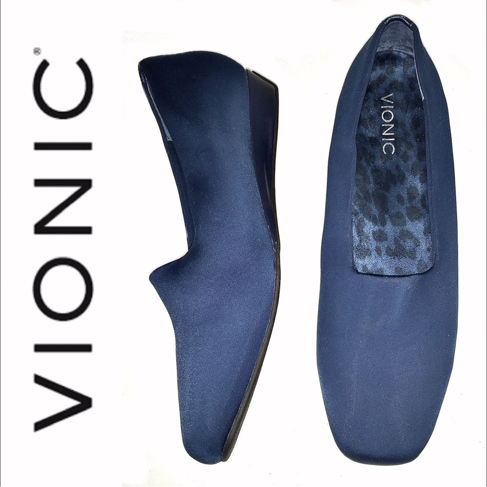 VIONIC navy Powell OrthaHeel Demi wedge slip ons